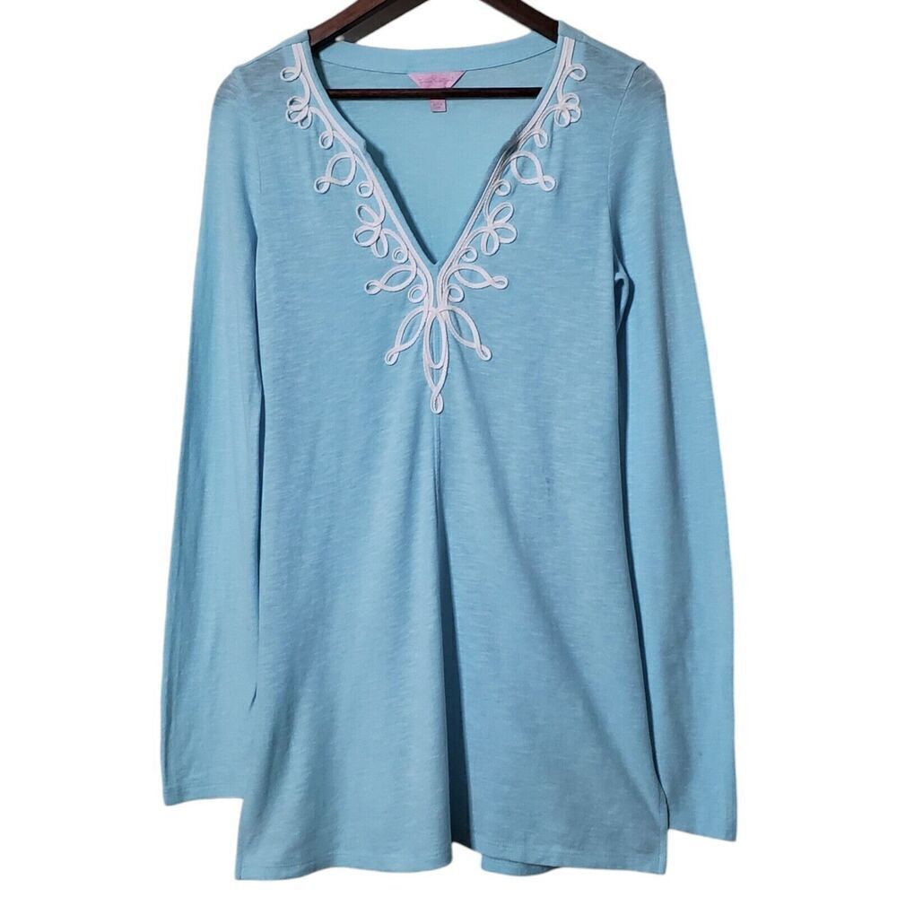 Lilly Pulitzer Westley Tunic Top Size S Blue Longsleeve Swim Cover Shift Womens